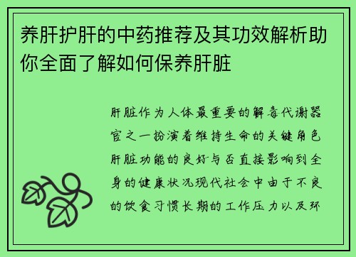 养肝护肝的中药推荐及其功效解析助你全面了解如何保养肝脏