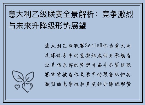 意大利乙级联赛全景解析：竞争激烈与未来升降级形势展望
