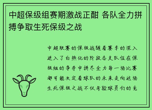 中超保级组赛期激战正酣 各队全力拼搏争取生死保级之战